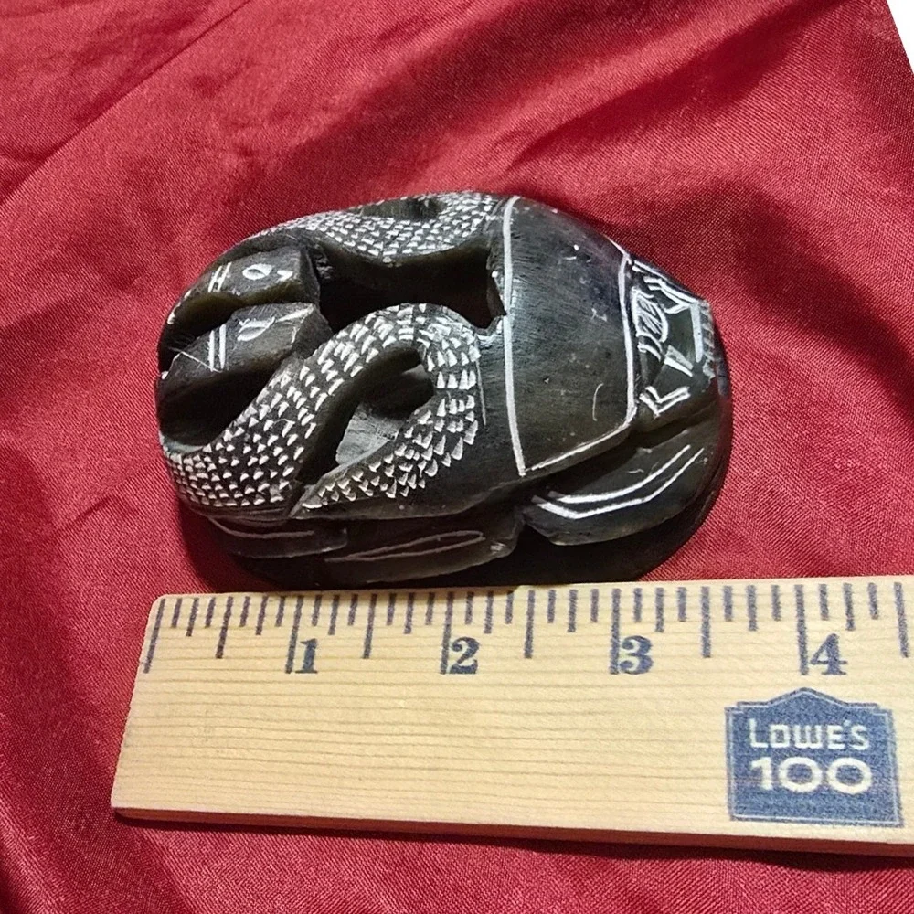 Vtg Hand Carved Soap Stone Egyptian Scarab Beetle Figurine with Snakes & Symbols